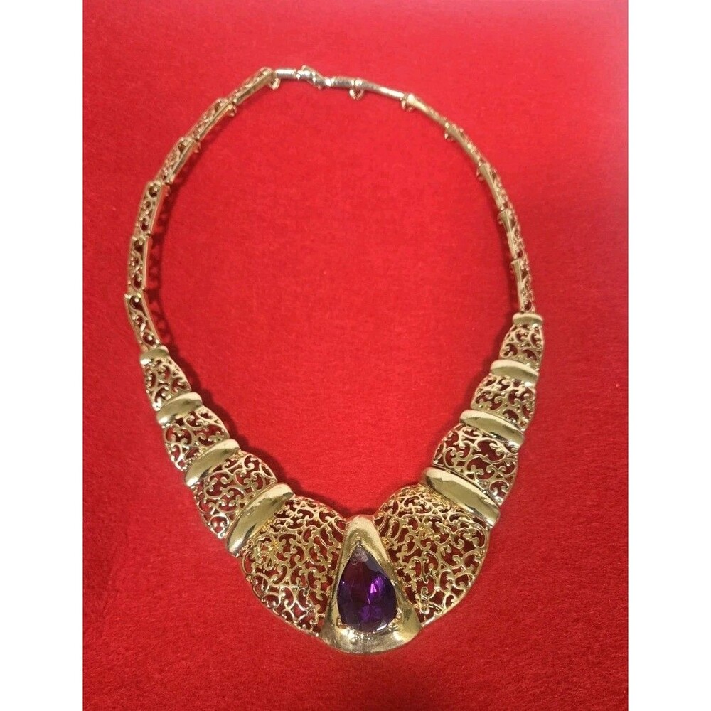 Vintage Large Teardrop Resin Acrylic Amethyst Collar Statement Necklace 18"
